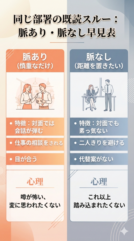 同じ部署の既読スルーにおける脈あり（慎重なだけ）と脈なし（距離を置きたい）の違いを比較した判定早見表チャート