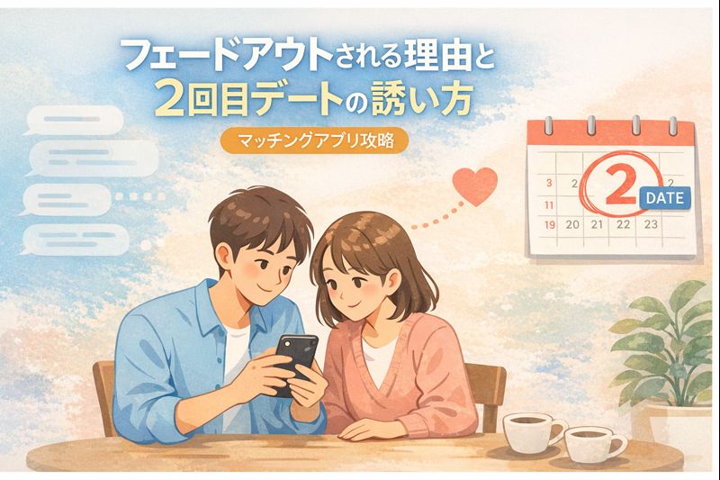 カフェでスマホのメッセージを見ながら距離を縮める男女のイラスト。
