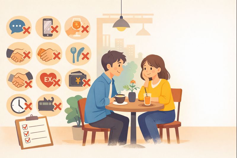 フェで向かい合う男女の初デートと、スマホ・下ネタ・距離感などNG行動を示す×印アイコン、チェックリストを描いたイラスト