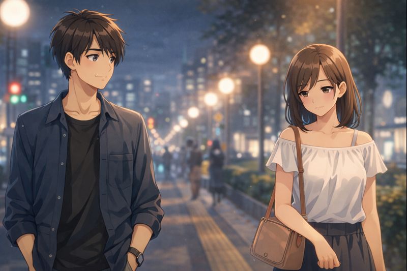 夜の街を歩く男女