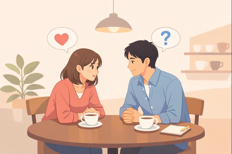 カフェで女性の相談を真剣に聞く男性。脈ありか相談相手かを考えるイメージイラスト