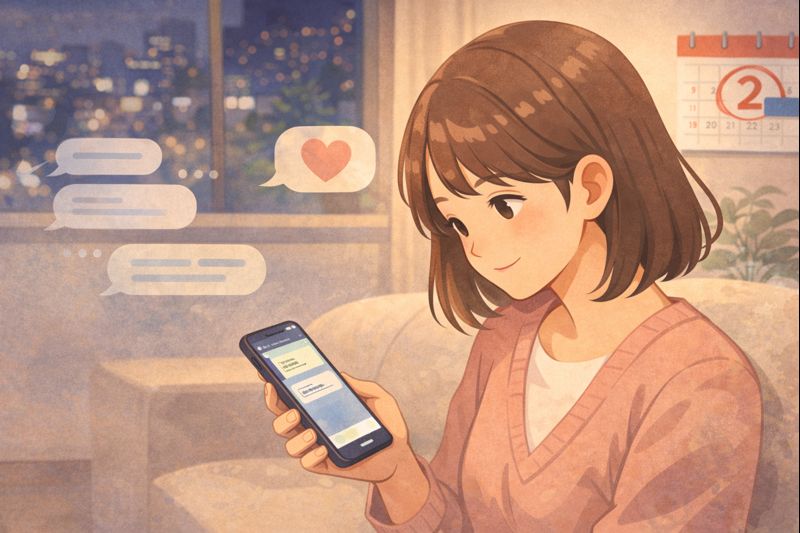 女性が部屋でLINEを見ている
