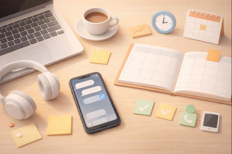 ノートPCと手帳、コーヒーのある机の上にメッセージ画面のスマホが置かれた俯瞰イメージ