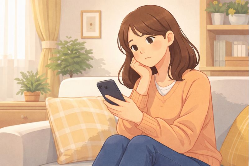 部屋のソファでスマホを片手に、頬杖をついて考え事をしている女性のイラスト。