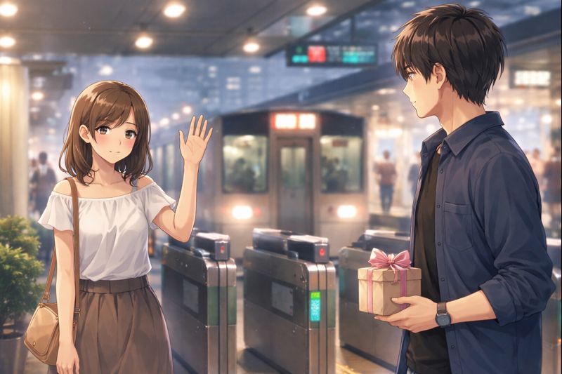 駅のホームでバイバイする男女