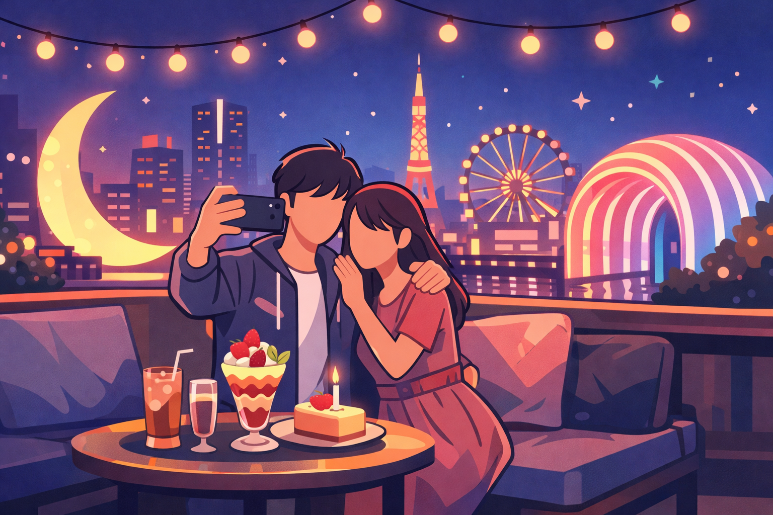 夜景の見えるおしゃれなスポットで記念日を楽しみ、写真を撮るカップルのイラスト
