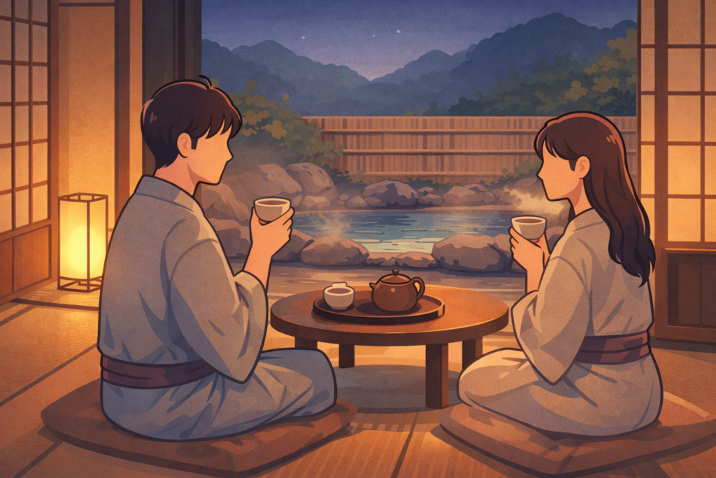 落ち着いた旅館の部屋でお茶を飲みながらくつろぐカップルと露天風呂のイラスト