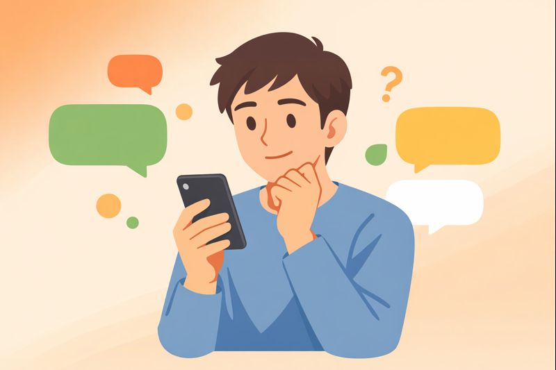 スマホを見ながら返信を考える男性と、文字のない吹き出しのイラスト