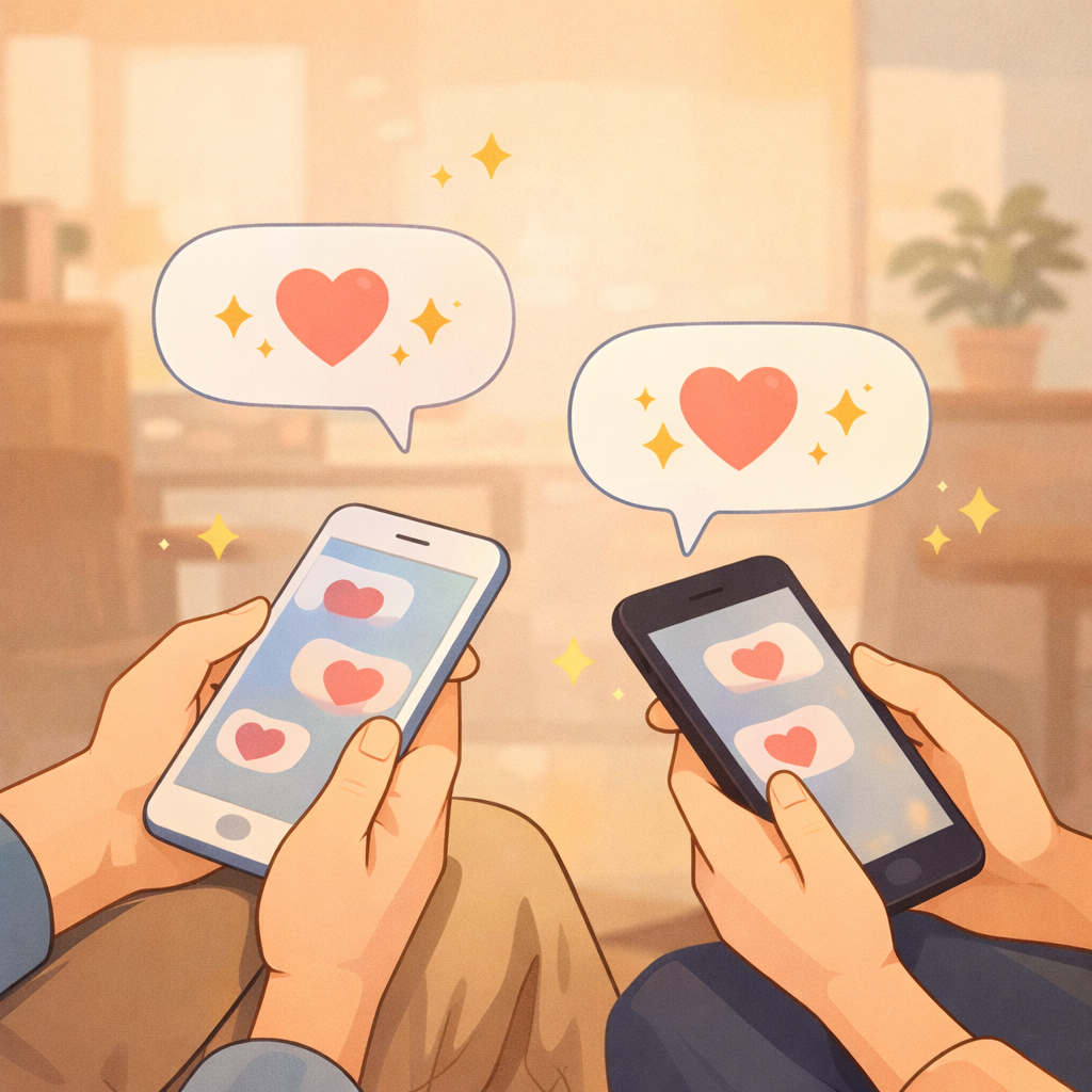 2人がスマホでメッセージをやり取りし、ハートの吹き出しが浮かんでいるイラスト