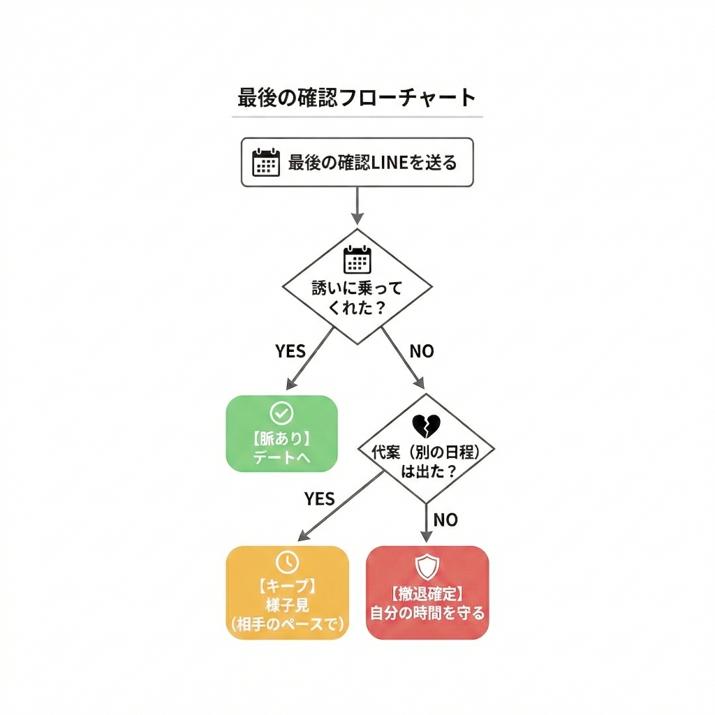 恋愛の脈なしを判断するフローチャート。最後の誘いに対する「代案の有無」で、脈あり・様子見・撤退確定を見極める手順の図解。