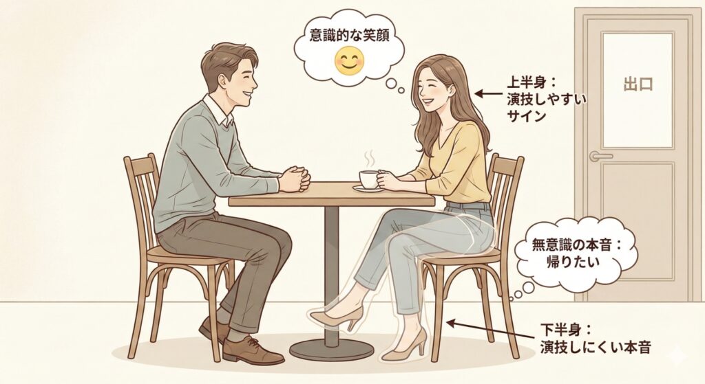 カフェで対面して座る男女。女性の表情は笑顔(意識的なサイン)だが、足先が出口を向いている(演技しにくい無意識の本音・帰りたい心理)様子を解説した、非言語コミュニケーションの比較イラスト。