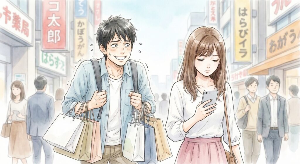 日本の繁華街で、大量の荷物を持ち、必死に笑顔を作る日本人男性と、スマホを見て無関心な日本人女性。男性の存在感が薄くなっている様子。