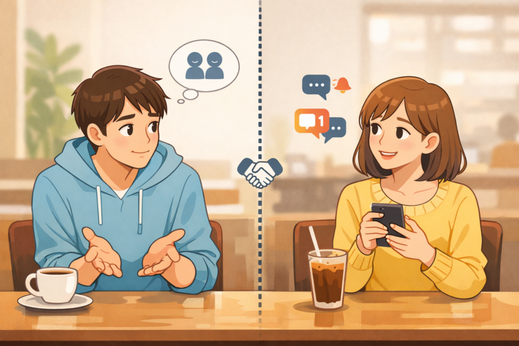 カフェで男性が親身に話を聞き、女性が友達のように話しているイラスト（友達止まりの雰囲気）