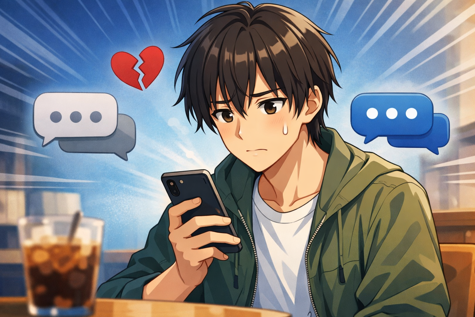 既読スルーや温度差に不安になる男性のアニメ風イラスト