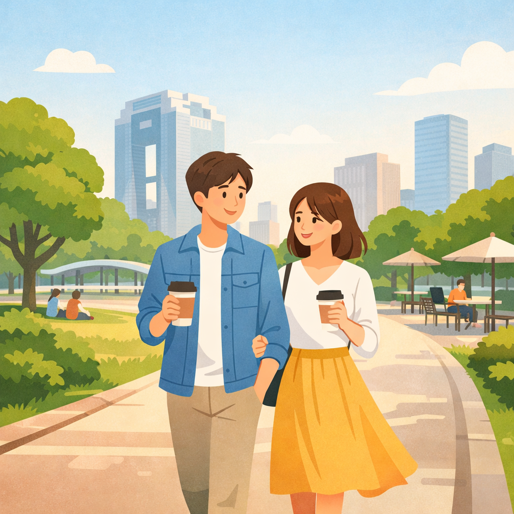 大阪の都会的な公園で、カップルがコーヒーを持って並んで歩くイラスト