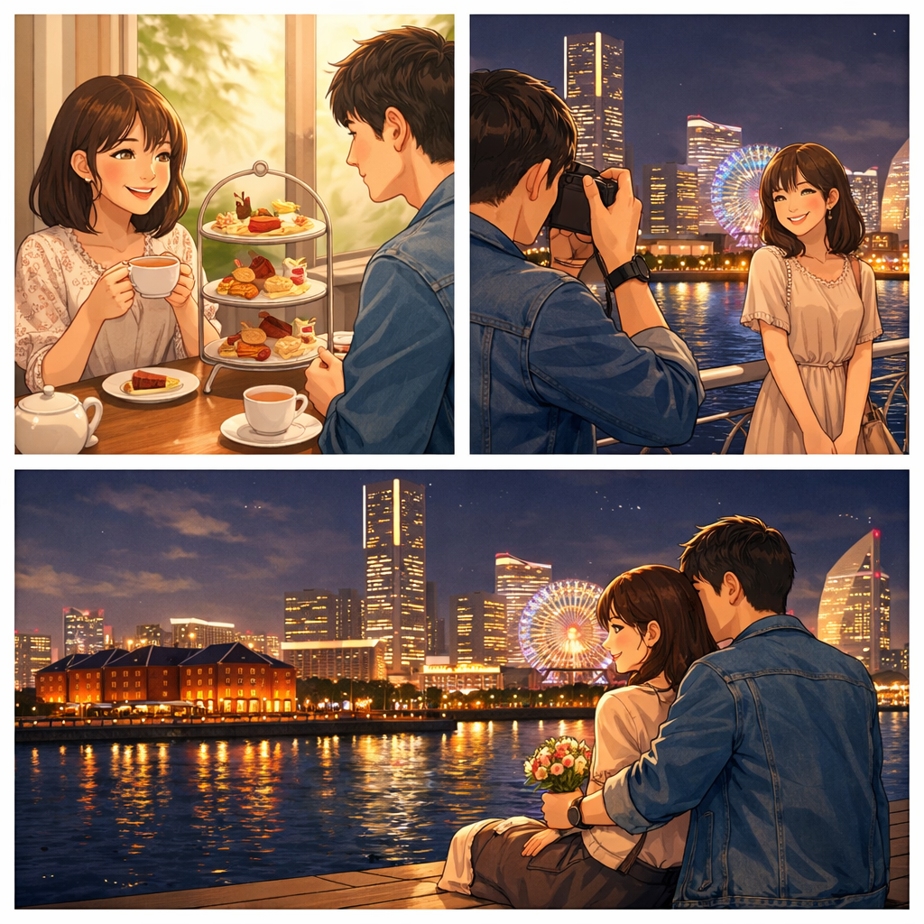 アフタヌーンティーを楽しんだあと、みなとみらいの夜景を背景に写真を撮り、海辺で寄り添って記念日を過ごすカップルを描いたイラスト