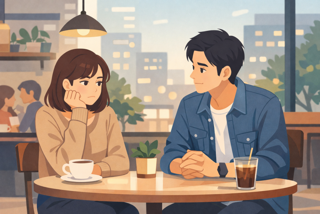 カフェで向かい合い、女性が迷い、男性が真剣に話を聞いているイラスト