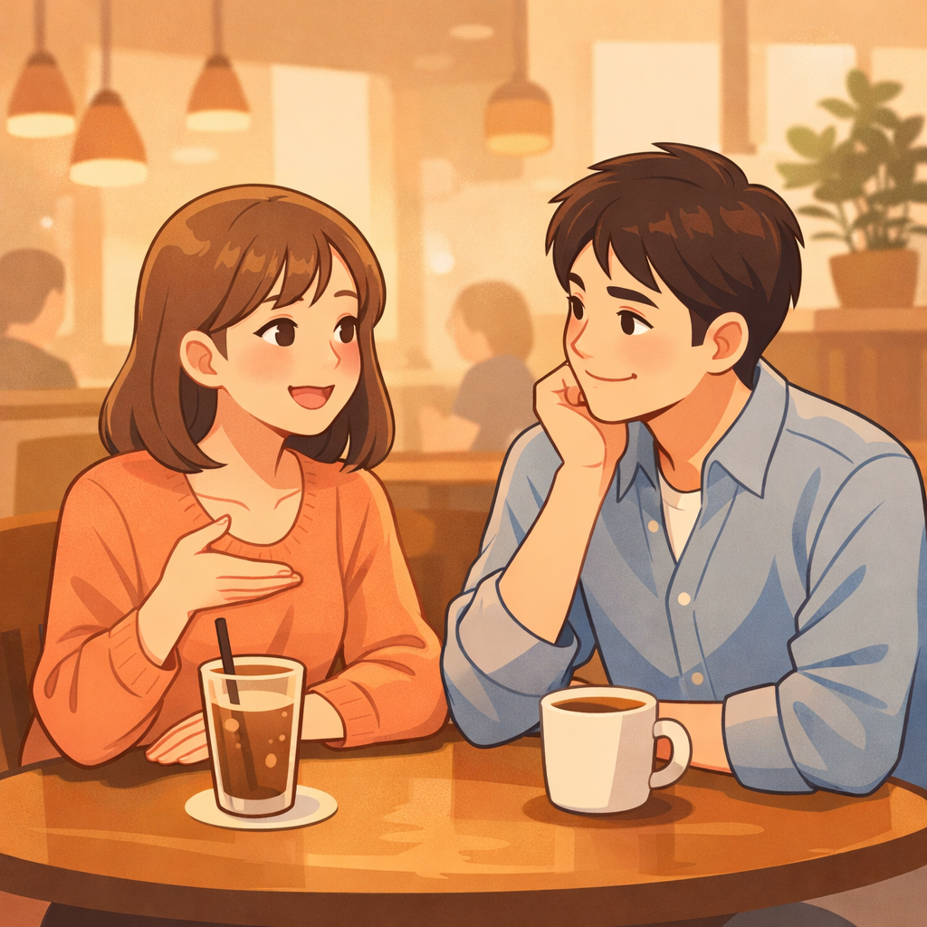カフェで女性が話し、男性が笑顔でうなずきながら丁寧に話を聞いているイラスト