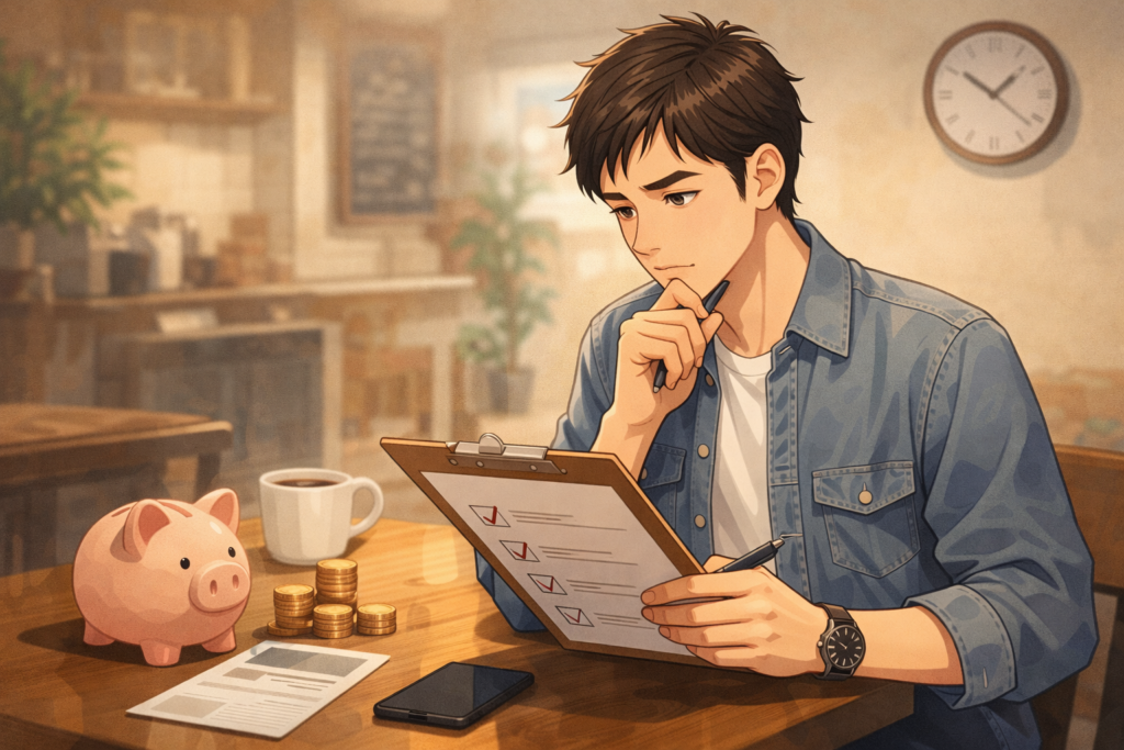 カフェで向かい合い、穏やかに会話する男女のイラスト