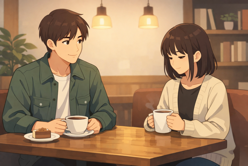 カフェで向かい合い、静かな時間を落ち着いて共有する男女のイラスト