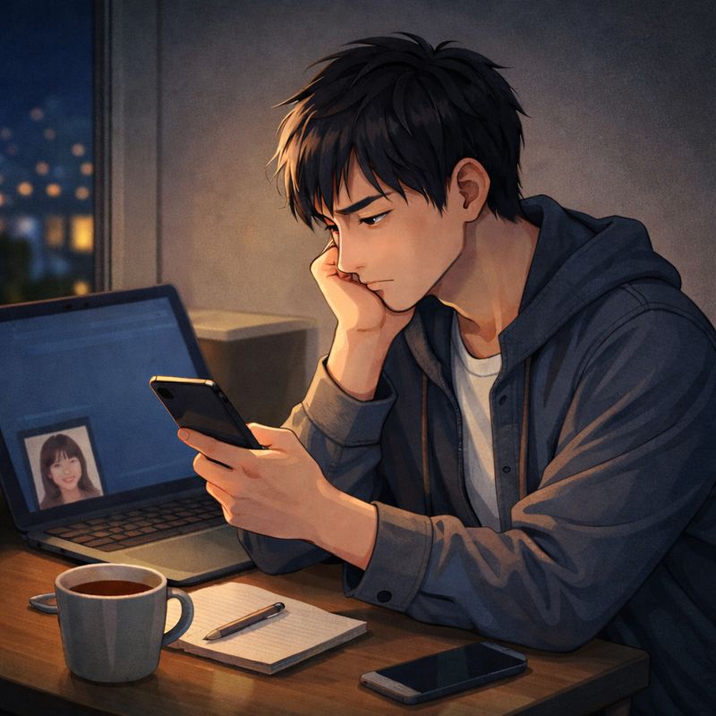 夜の部屋でスマホを見ながら悩んでいる様子の男性