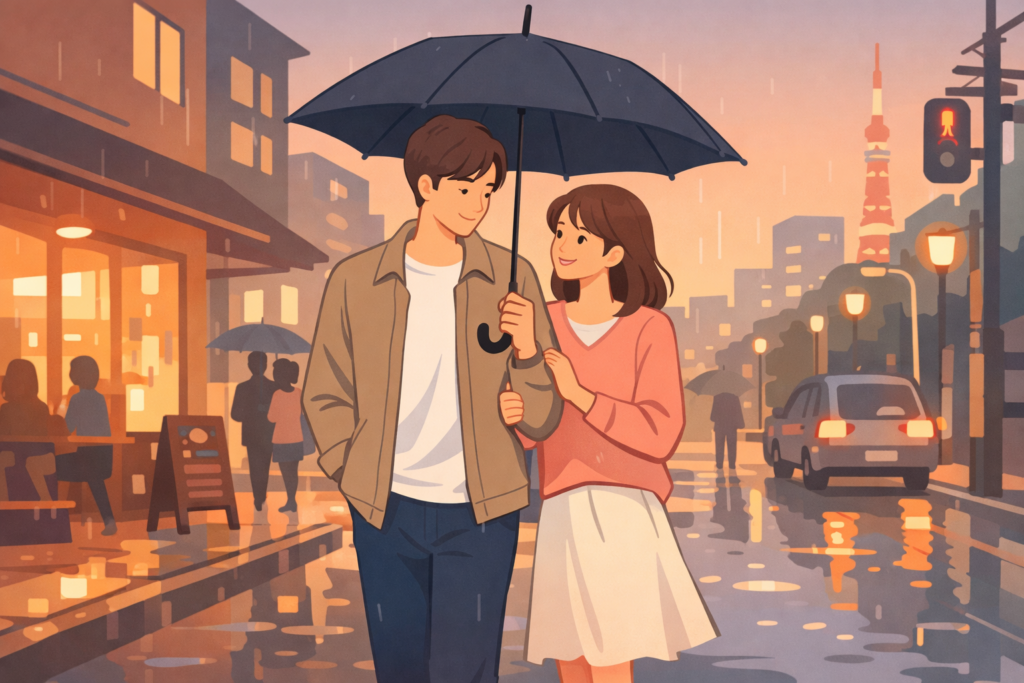 雨の街で男性が傘を差し、女性と並んで歩くデートのイラスト（好感度が上がる気遣い）