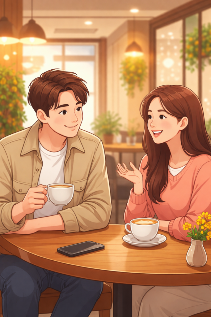 カフェで向き合い、男性が笑顔で話を聞き女性が楽しそうに話すデートのイラスト（女性がキュンとする会話）