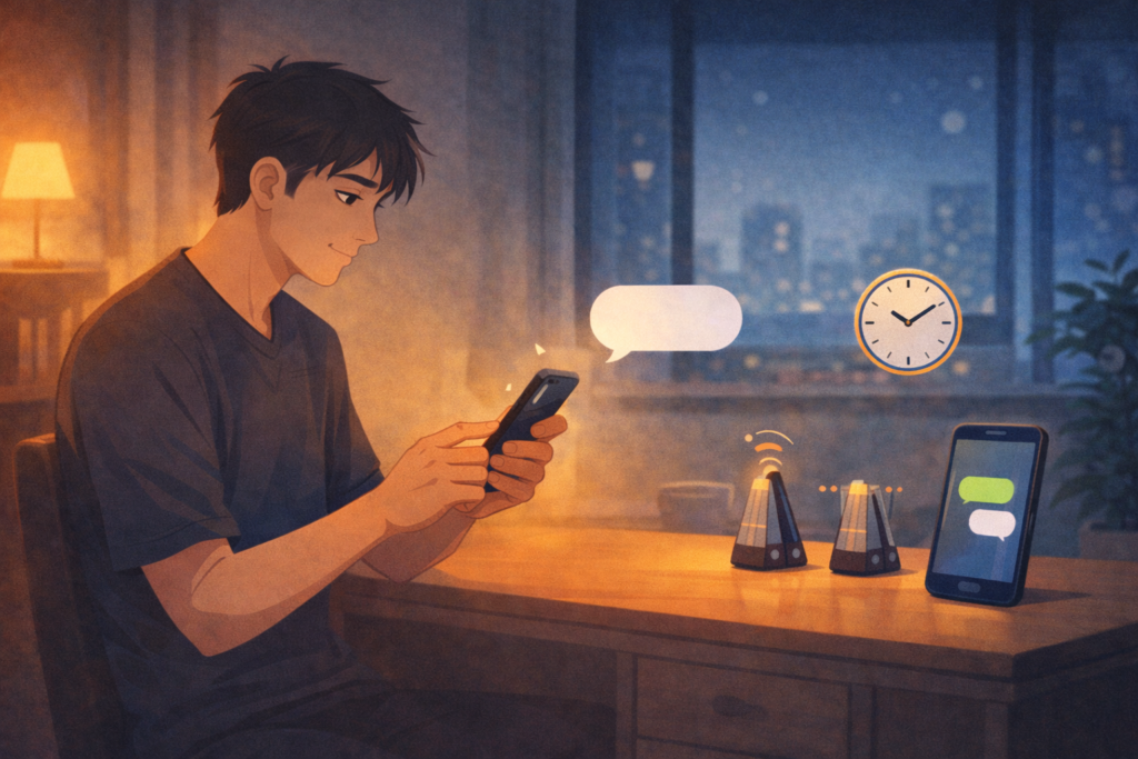 夜にスマホで短いフォロー連絡を送る男性と、返信ペースを意識した落ち着いたやり取りを表すイラスト