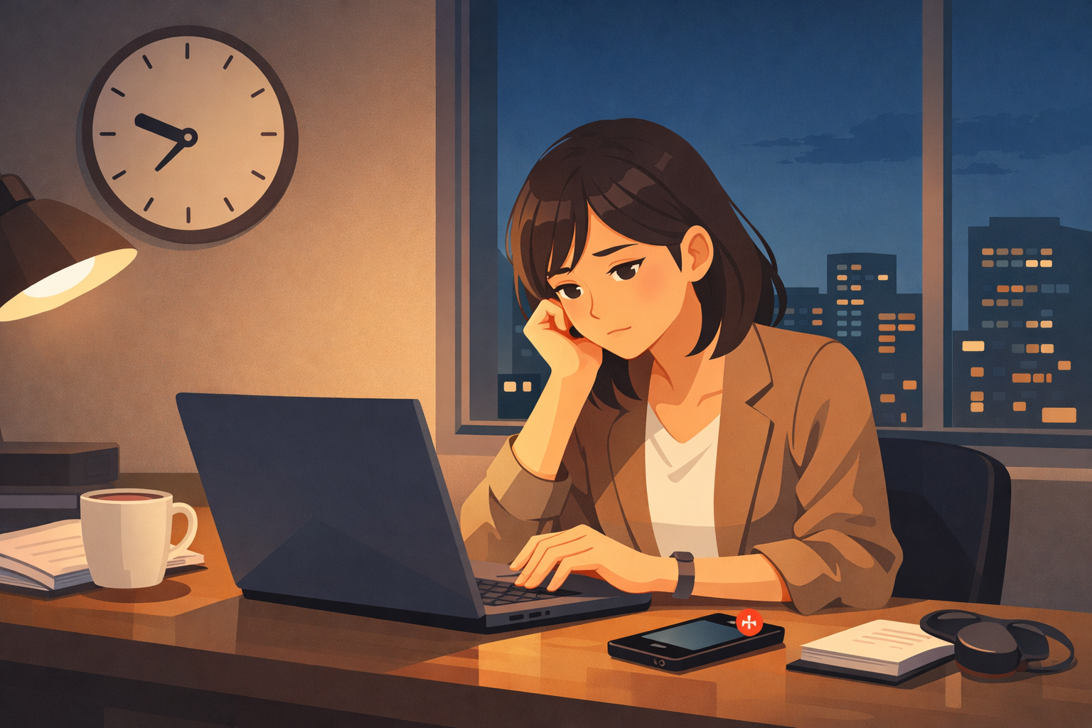 夜にデスクで仕事をしていてスマホの返信が後回しになっている30代女性のイラスト