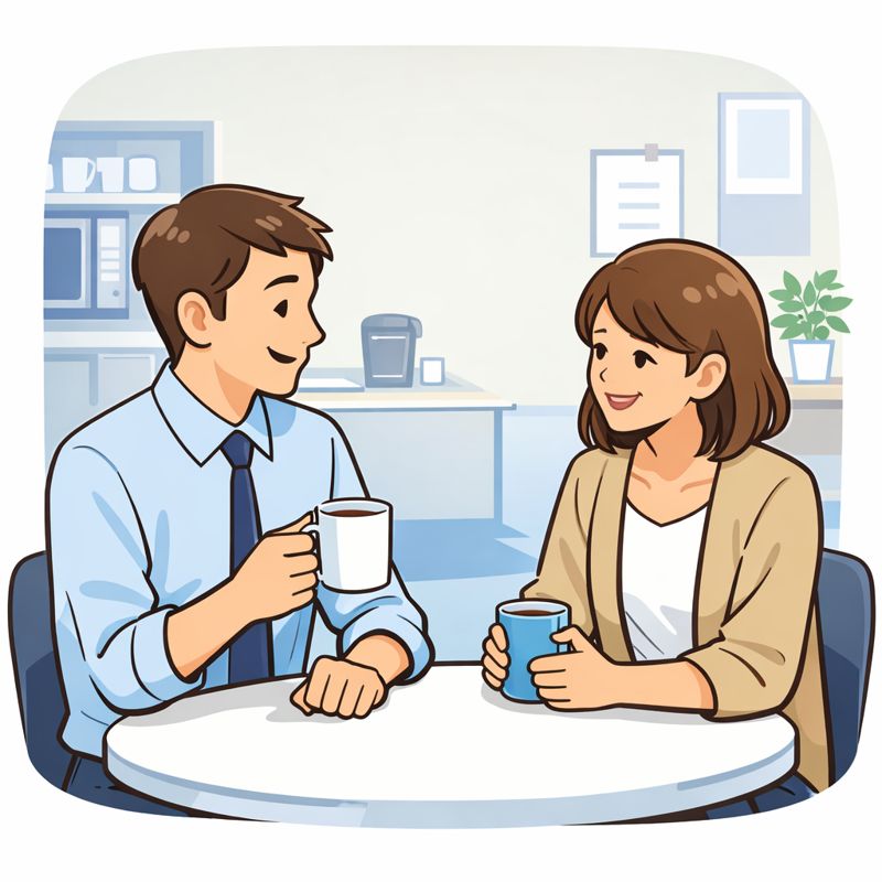 休憩室でコーヒーを飲みながらくつろぐ男女