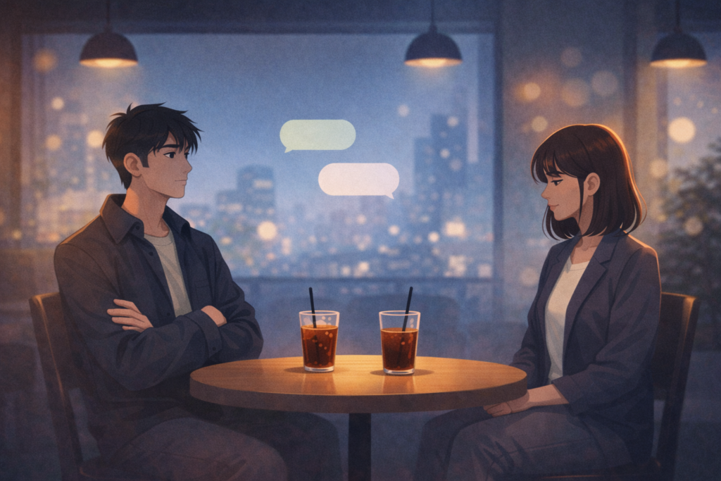 カフェで向かい合う男女の距離感と会話が噛み合わない雰囲気を表したイラスト