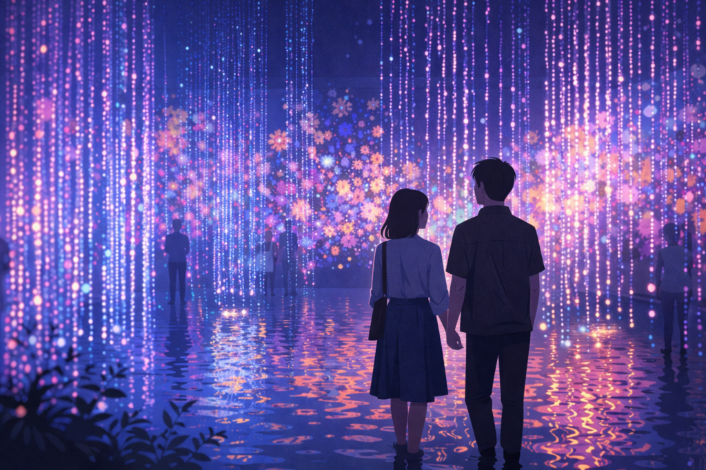 光の演出が広がる没入型アート空間を歩くカップル