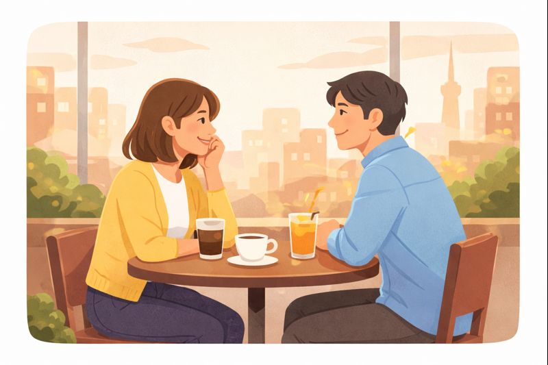 明るいカフェで向かい合って話す男女のイラスト