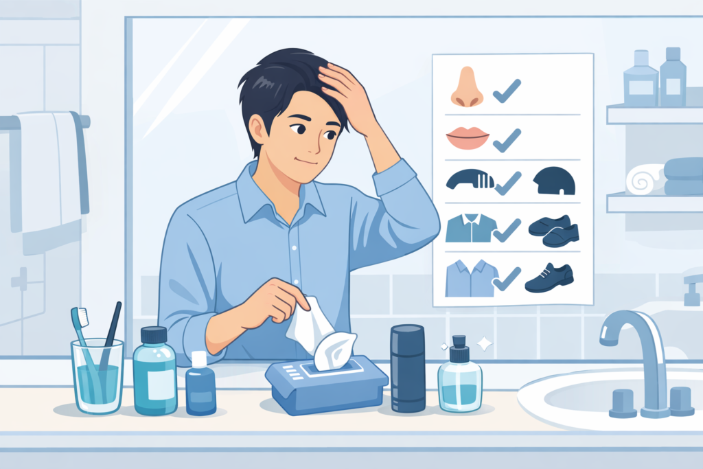 洗面所の鏡の前で髪や口元を整え、身だしなみを確認する男性