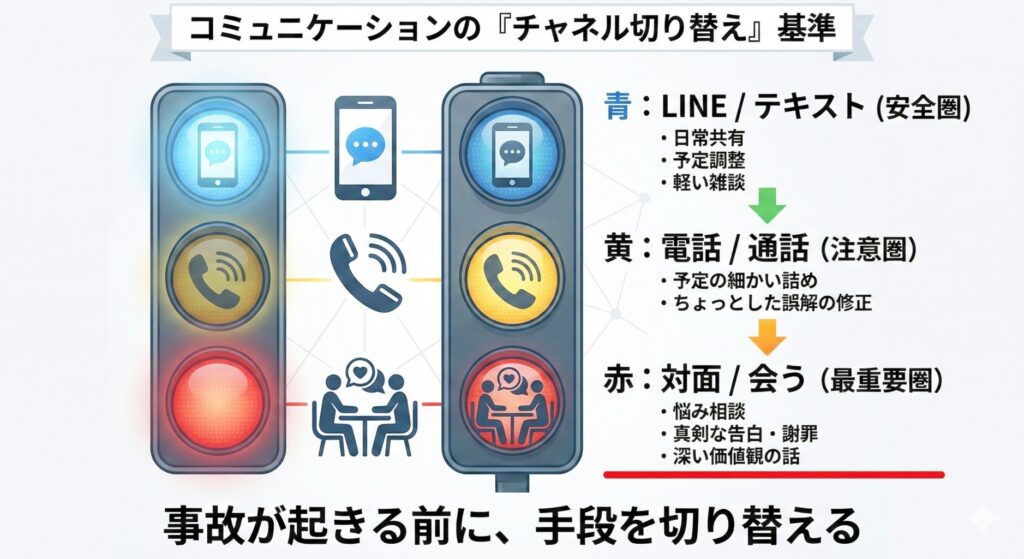 コミュニケーションの手段（チャネル）切り替え基準を信号機で示した図解。青（LINE/テキスト）は日常共有や予定調整、黄（電話）は誤解の修正や細かい調整、赤（対面）は深い悩み相談や謝罪など、内容の重要度に応じた「LINE・電話・対面」の使い分けを推奨しています。