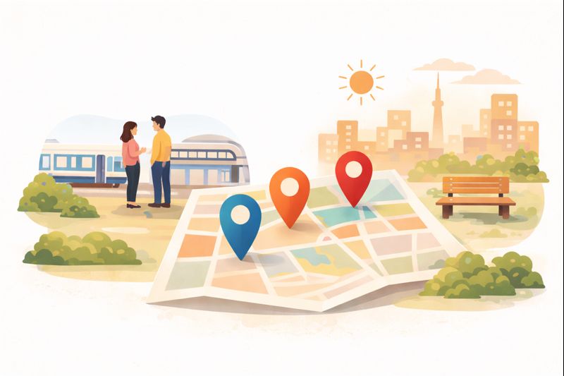 地図の上にピンが立ち、駅と公園ベンチが描かれたイラスト