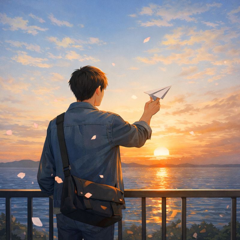 夕日の海に向かって黄昏ている男性の後ろ姿