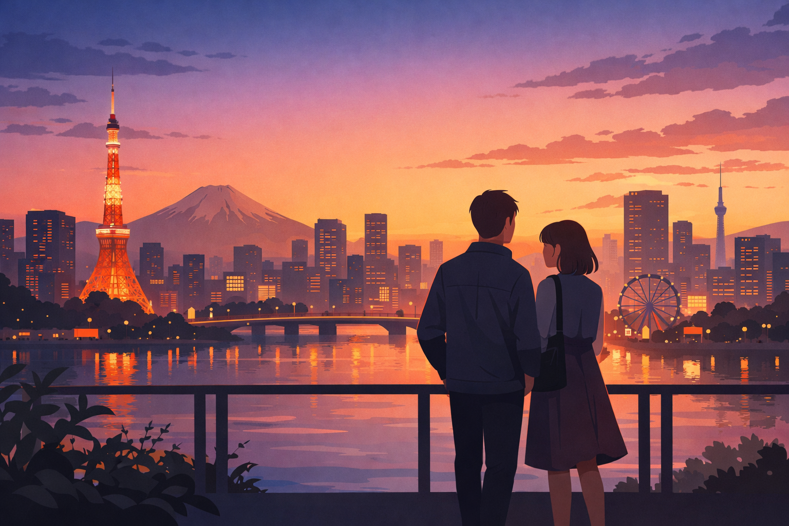 夕焼けの東京の街並みを見下ろすカップルの後ろ姿