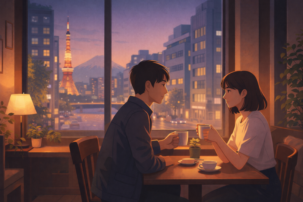 夜景を背にカフェで向き合って話すカップル