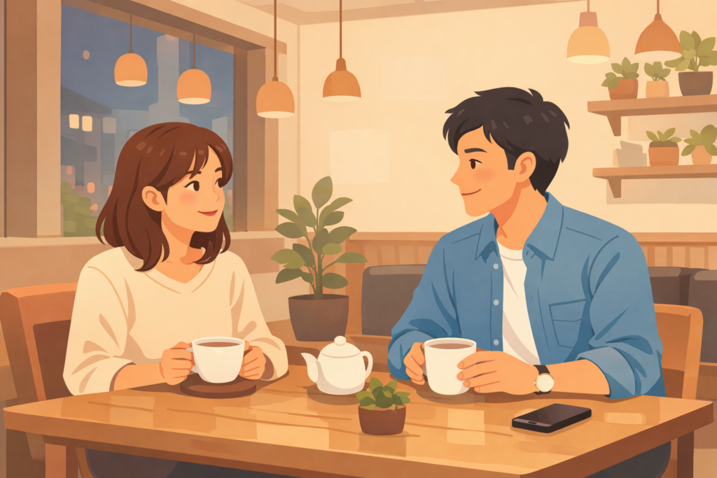 カフェで向かい合い、落ち着いた表情で会話する男女
