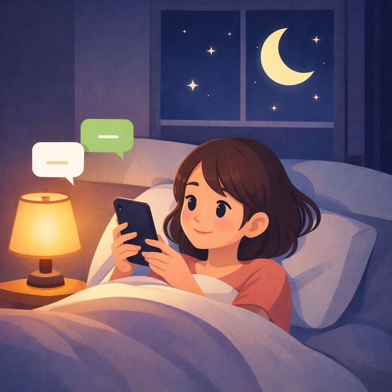 ッドの中でスマホを見ている人物と夜の窓景色のイラスト（おやすみLINEのイメージ）