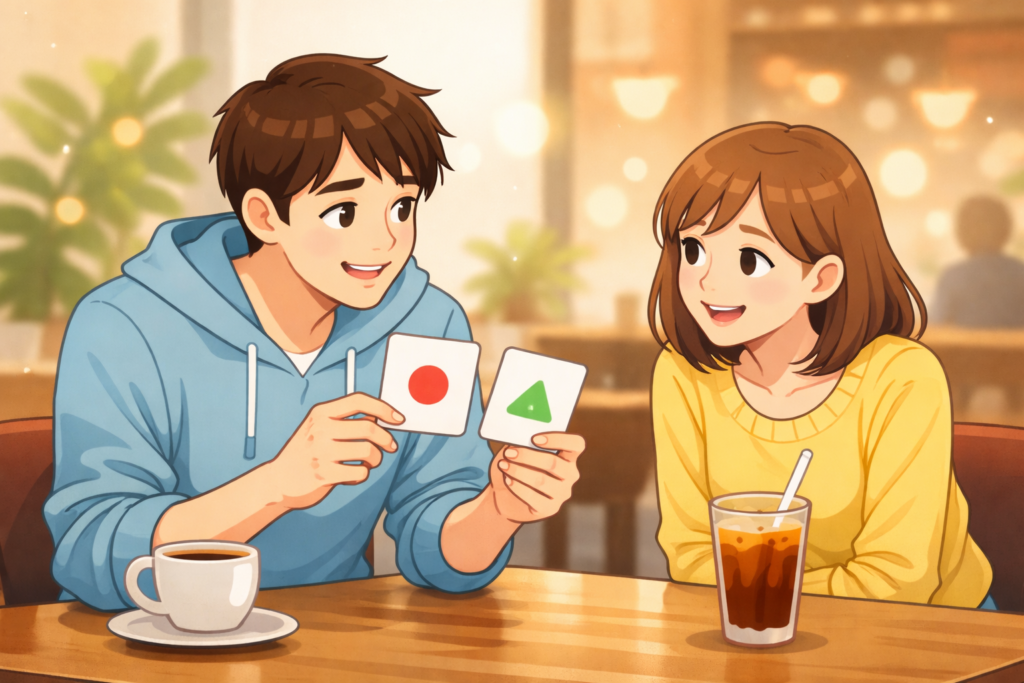 カフェで男性が選択肢を提示し、女性が笑顔で反応しているイラスト（恋人候補の会話）