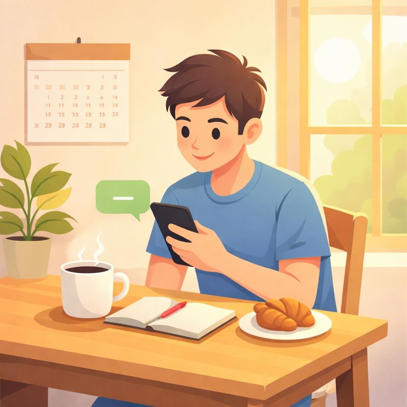 朝の光の中でスマホを見ながらコーヒーを飲む人物のイラスト（おはようLINEのイメージ）