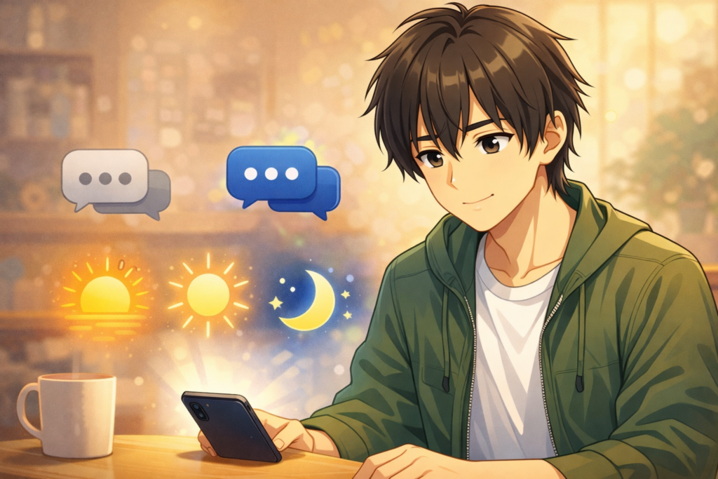 朝昼夜のタイミング別にLINEを送るイメージのアニメ風イラスト