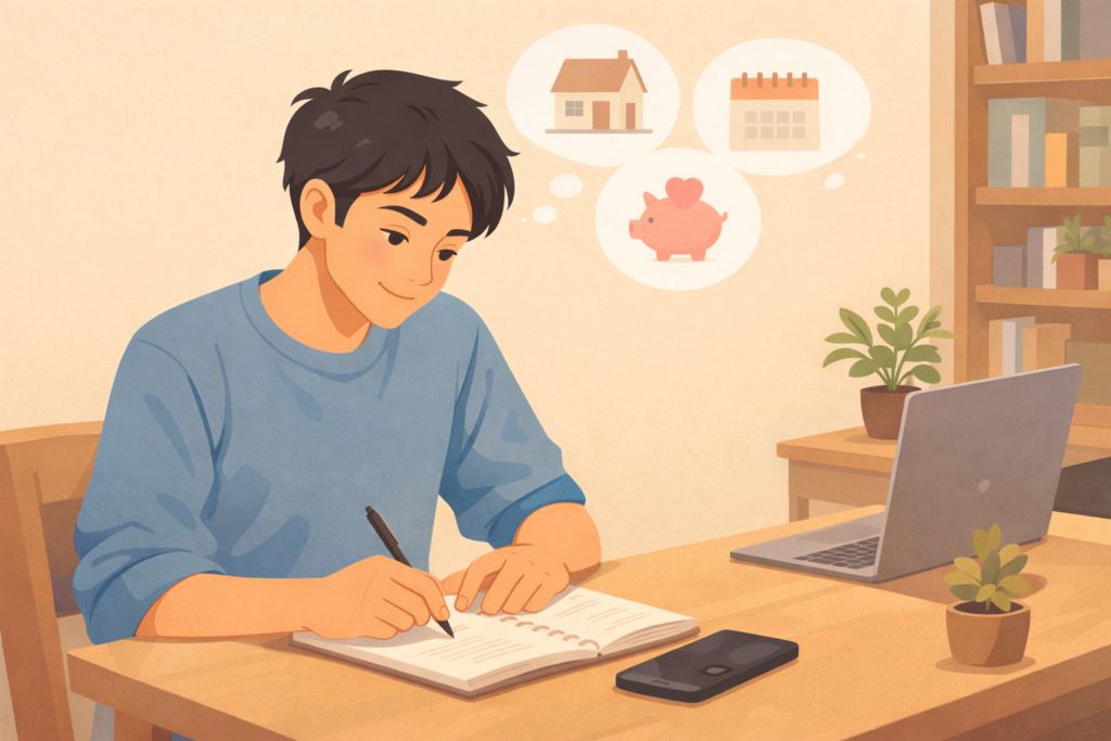 ノートに計画を書きながら、家や予定などを思い浮かべる男性