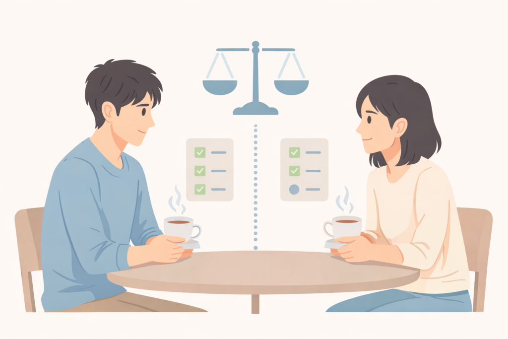 カフェで向かい合う男女とバランスの取れた関係を示すアイコンのイラスト