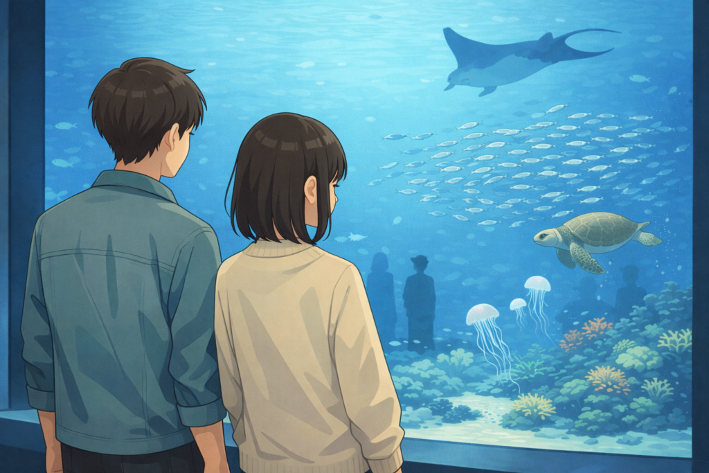 水族館の大水槽を並んで眺め、共通体験を楽しむ男女のイラスト