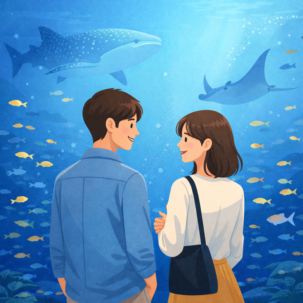大きな水槽の前で、カップルが魚を眺めながら話しているイラスト