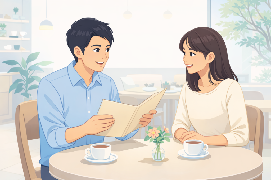 カフェで向かい合って会話し、落ち着いた雰囲気で過ごす男女