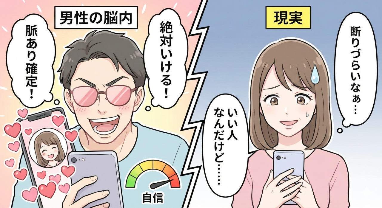 左側は「男性の脳内」で、笑顔の女性からのLINEを見て「脈あり確定！絶対いける！」と自信満々に舞い上がっている様子。右側は「現実」の女性で、少し困ったような愛想笑いを浮かべスマホを見ながら「断りづらいなぁ…いい人なんだけど…」と心の中でつぶやいているコミカルなイラスト。
